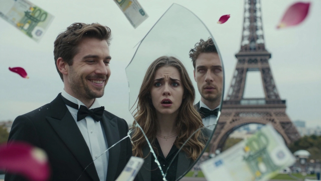 A broken mirror reflects fragmented identities amid floating money and roses, with the Eiffel Tower in the distance.