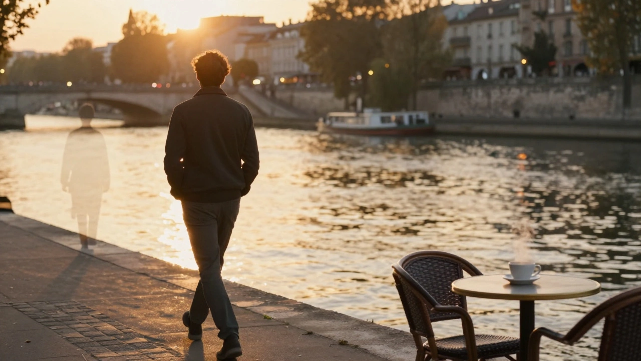 A man walks alone by the Seine at sunset, surrounded by fading silhouettes, as a café waits with empty chairs.