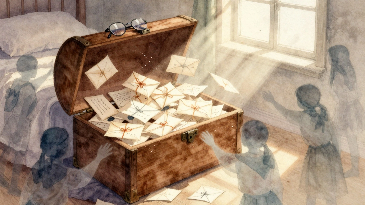 A wooden chest overflowing with handwritten letters, bathed in soft morning light.