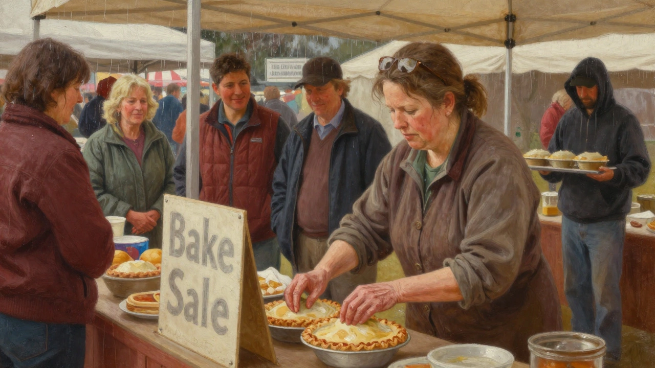 Carol arranging pies at a county fair bake sale, rain falling outside the tent.